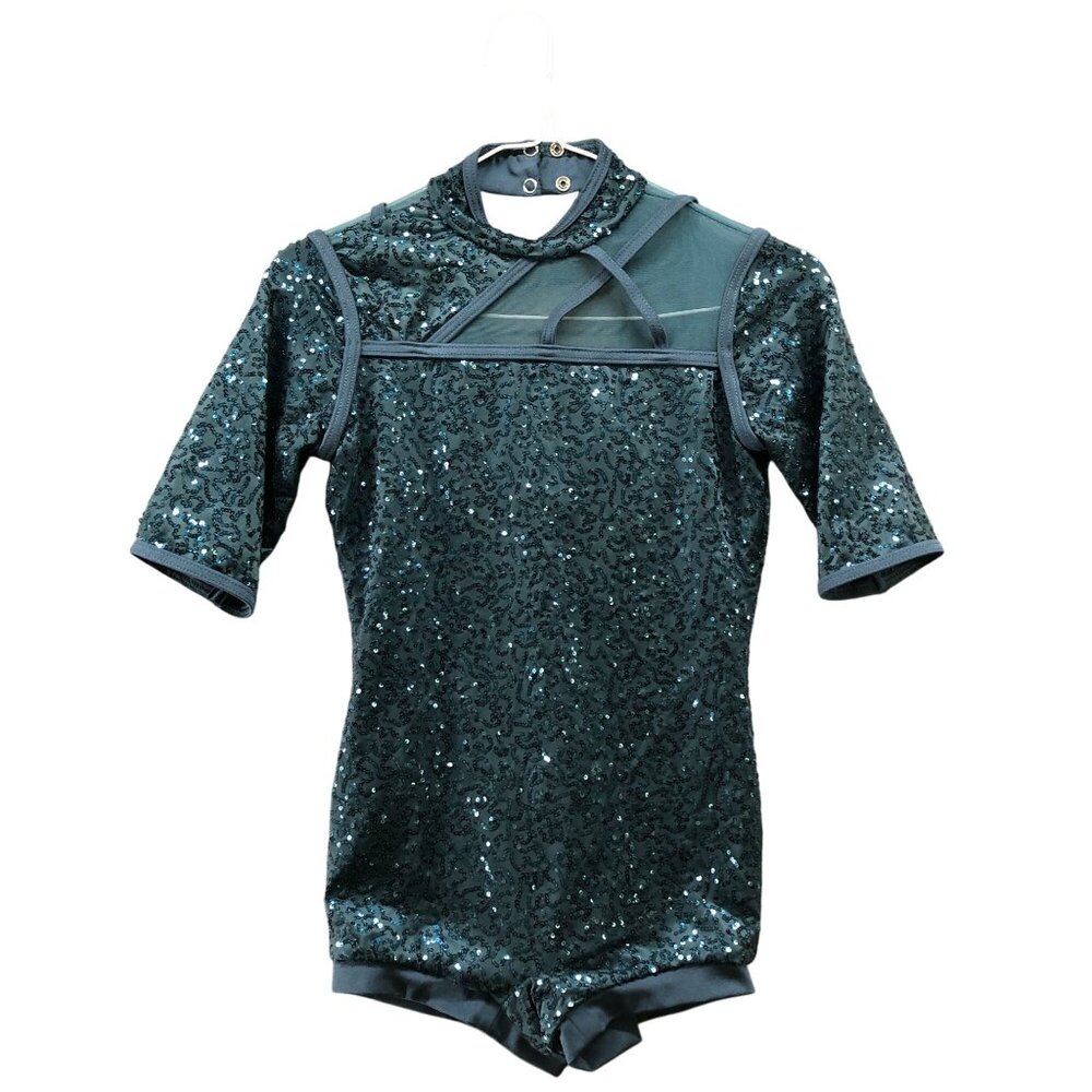 Weissman Biketard Mesh‎ Sequin Girls LC (14) TTYLXOX Teal Dance Costume